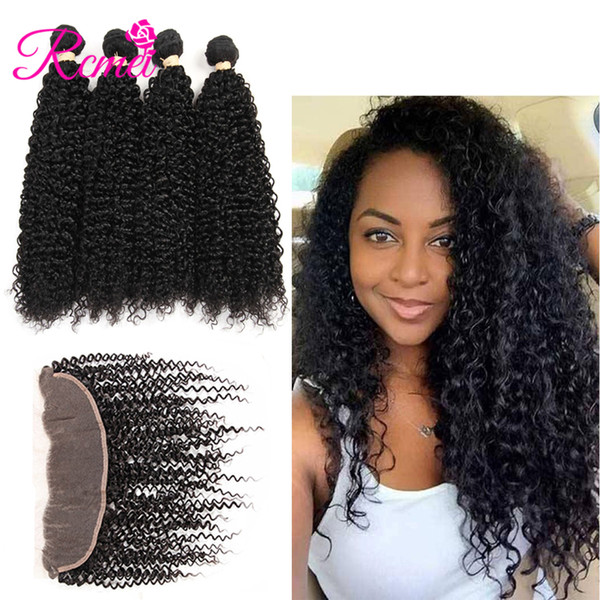 Rcmei Peruvian Hair Kinky Curly Bundles With Frontal 4 Bundles Unprocessed 100% Human Hair With Baby Hair 13*4 Lace Frontal No Shedding