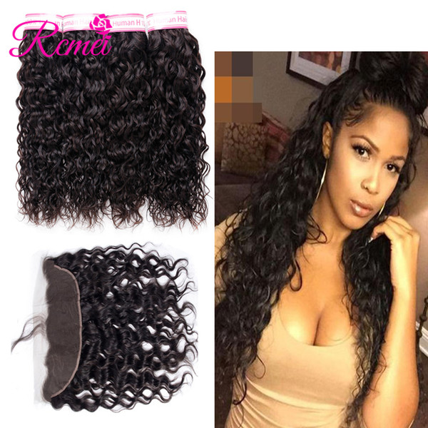 Rcmei Peruvian Water Wave Bundles With 13*4 Lace Frontal Unprocessed Remy Human Hair 4 Bundles With Closure 5PCS/Lot 8-28 Inch