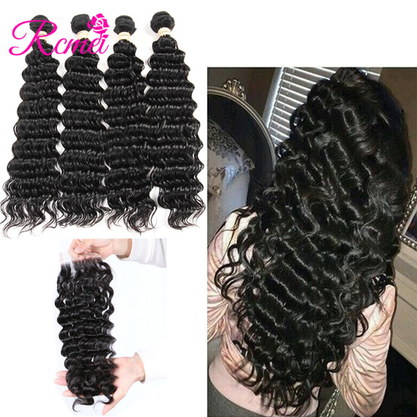 Rcmei Human Hair Weving With Lace Closure 100% Peruvian Deep Wave Hair 4 Bundles With 4*4 Lace Closure Free/Middle/Three Part