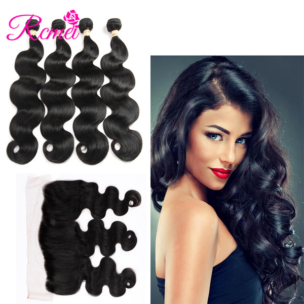 Rcmei Peruvian Body Wave Hair Bundles With Ear To Ear Hair 13*4 Frontal Closure 4 Bundles 100% Human Weaving With Baby Hair Frontal