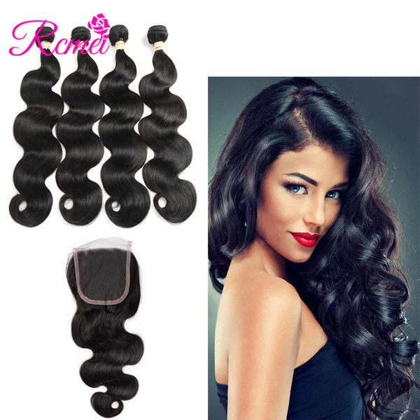 Rcmei Peruvian Human Hair Weft 4 Bundles With Closure 100% Human Hair Unprocessed Body Wave Bundkes With 4*4 Lace Closure