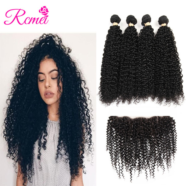 Malaysian Kinky Curly Hair Weave 100% Natural Virgin Human Hair Bundles Extension With Lace Frontal Rcmei Product 4 Bundles With Frontal