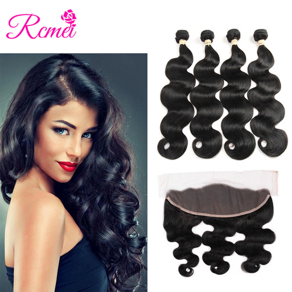 Rcmei 4 Bundles Of Malaysian Virgin Hair Body Wave Human Hair Weft So Silk Extensiones Malaysian Body Wave Bundles With Lace Frontal 13*4