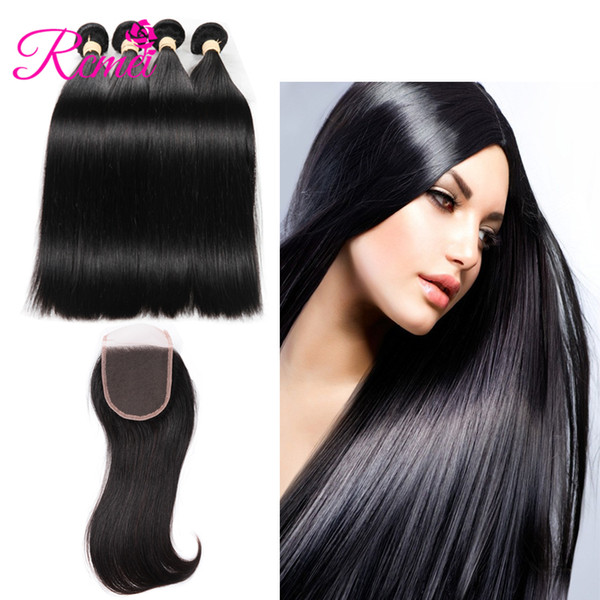 Rcmei 4 Bundles Straight Hair Extensions With 4*4 Lace Closure 100% Peruvian Human Hair Unprocessed Free/Middle/Three Part Lace Closure