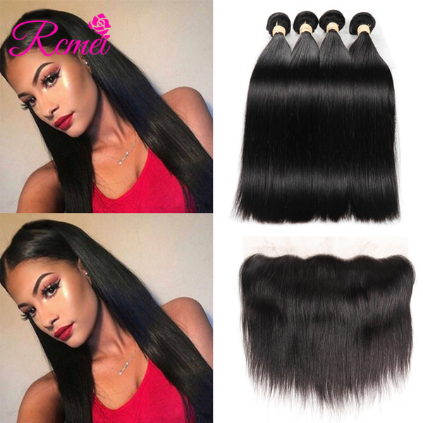 Rcmei Malaysian Straight Hair Bundles Human Hair Extensions 4 Bundles With Eat To Ear Lace Frontal Remy Hair Weave Bundles 10-28 inches