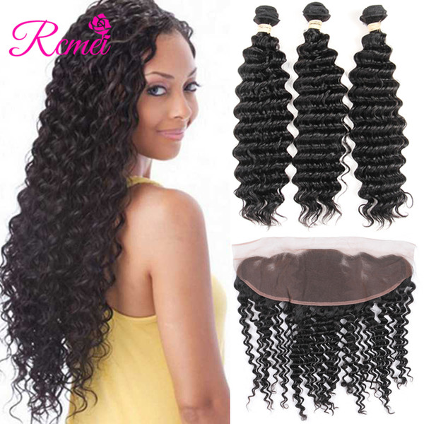 Rcmei Peruvian Virgin Human Hair Extension With Lace Frontal Deep Wave Human Hair 3 Bundles With 13*4 Ear to Ear Baby Hair Frontal