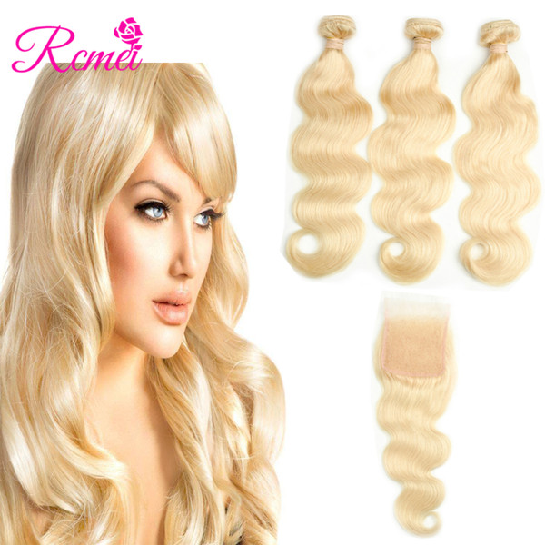 Rcmei Body Wave 613 Blonde Brazilian Hair 100% Human Hair Bundles 3 Pcs With Free Part Lace Closure 4 PCS/packge 10-30 inch