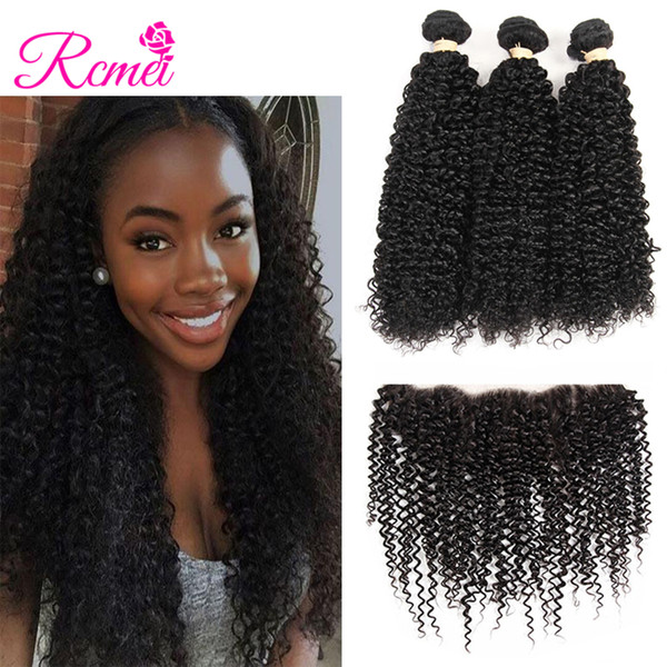 Rcmei Ear To Ear Baby Hair Frontal Closure With 3 Bundles Malaysian Kinky Curly Human Hair Bundles Deals Free Part No Shed