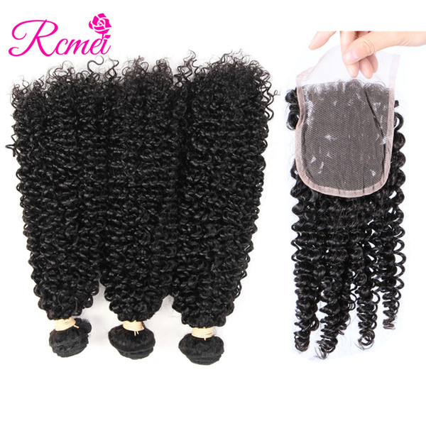 Rcmei Kinky Curly Hair Bundles With Closure Peruvian Hair Weave 10-28 Inch 3 Bundles with Closure Free/Middle/three Part Free shi