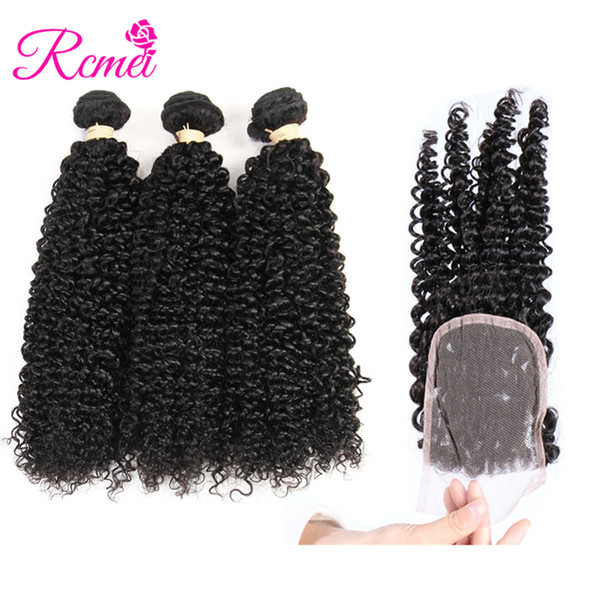 Rcmei 3 bundles With Closure Malaysian Kinky Curly Hair Weave Human Hair 3 Bundles with Closure Free/Middle/three Part Remy Hair Extension