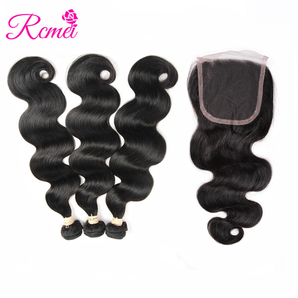 Rcmei Natural Color Human Hair Bundles With Lace Closure Peruvian Hair Weave Bundles 10-28 Inch Body Wave 3 Bundles With 4*4 Lace Closure