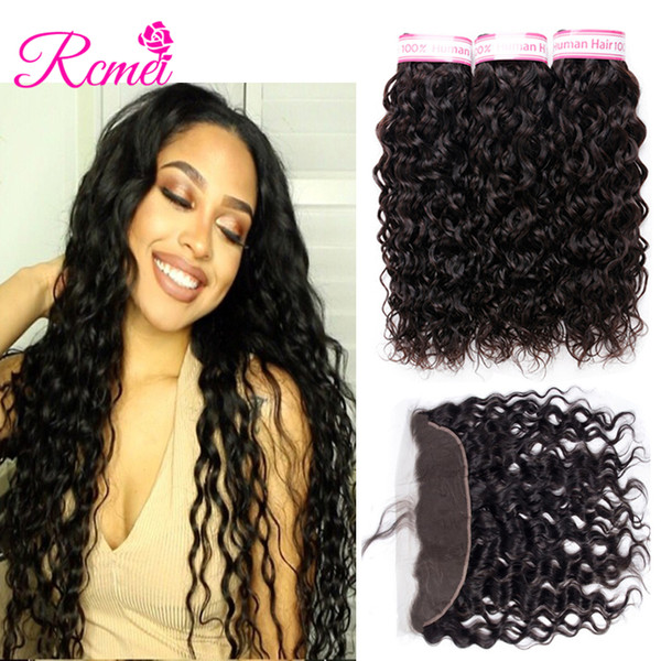 Rcmei Natural Color Human Hair Extension With 13*4 Lace Frontal 100% Peruvina Human Hair Water Wave 3 Bundles 10-28 Inch