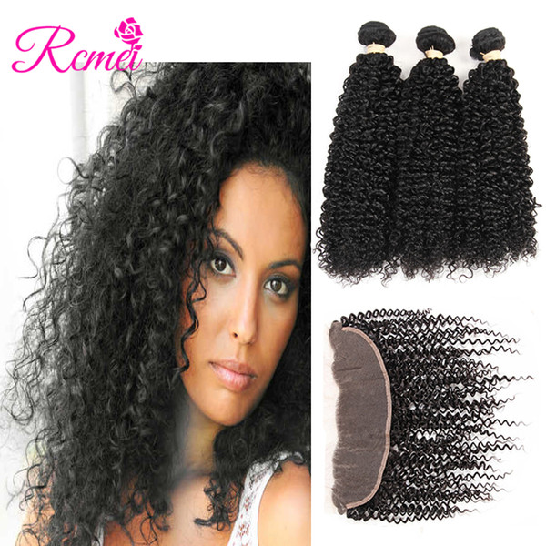 Rcmei 3 Bundles Peruvian Kinky Curly Human Hair Bundles Hair Weave With 13*4 Ear To Ear Baby Hair Frontal Closure Free Part