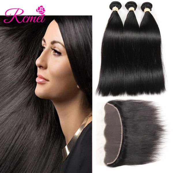 Rcmei Peruvian Straight Human Hair Weaving With Lace Frontal 100% Human Hair 3 Bundles 10-30 Inch With 13*4 Lace Frontal