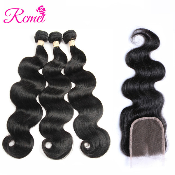 Rcmei Hair Extension 100% Human Hair Bundles With Closure Malaysian Hair Weave Bundles Body Wave 3 Bundles With 4*4 Lace Closure