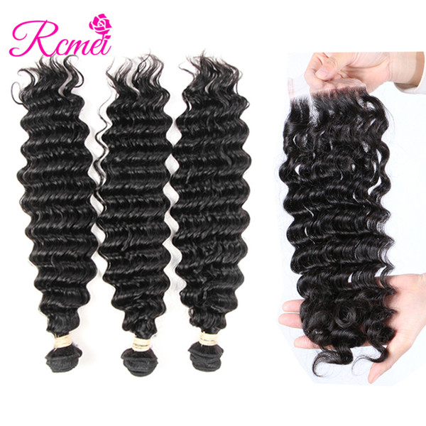 Rcmei Peruvian Deep Wave 3 bundles deal with 4x4 Lace Closure Free/Middle/Three Part Unrocessed Hair weaving Remy Natural Black 4PCS/Loc