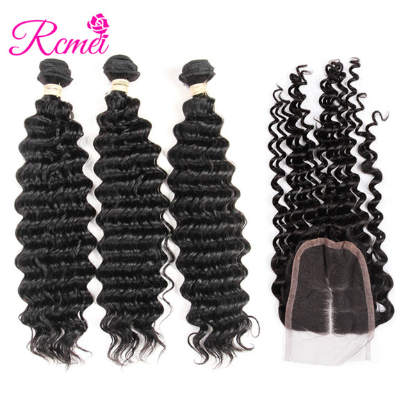 Rcmei Malaysian Deep Wave 3 bundles deal with 4x4 Top Lace Closure Free/Middle/Three Part Hair weaving Remy Natural Black