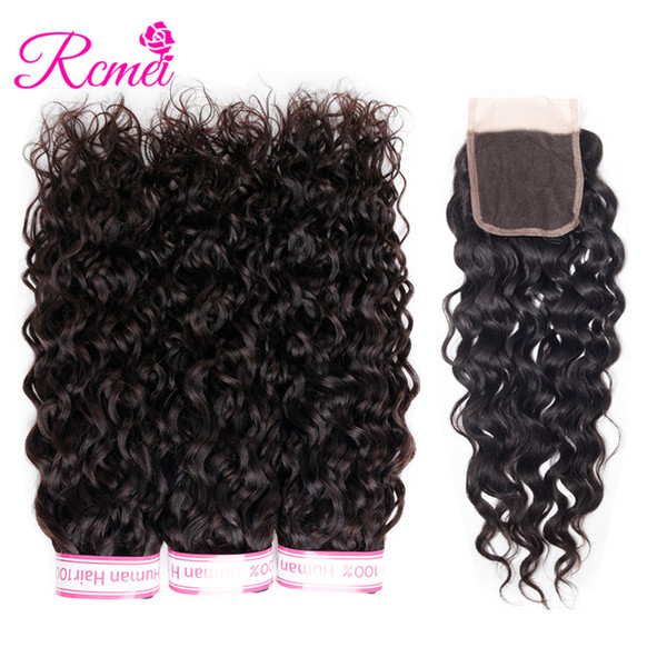 Rcmei Peruvian Remy Hair Weave Water Wave Bundles With Closure 3 Bundles hair Extension With 4*4 Closure Free Part Natural Black 4 PCS