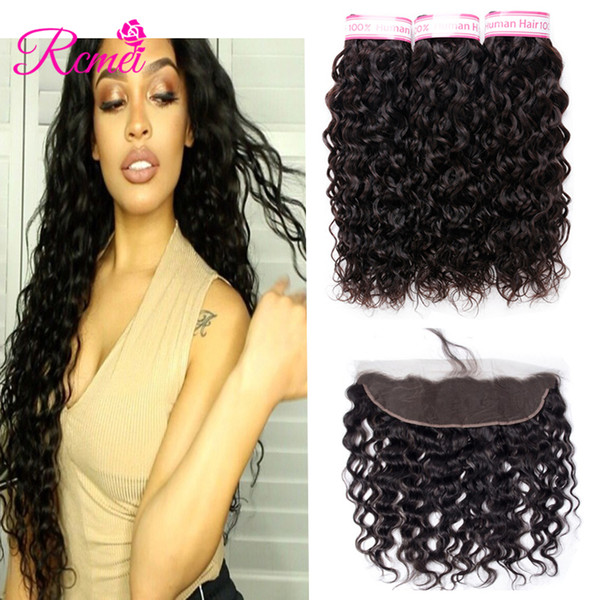 Rcmei Water Wave Bundles With Lace Frontal 100% Human Hair Malaysian Hair Weave 3 Bundles Remy Hair Extensions 8-28 Inch Natural Color