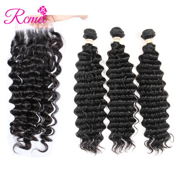 Rcmei Deep Wave Brazilian Virgin Human Hair Weave With Closure 3Pcs Hair Bundles With Free/Middle/Three Part 4*4 Lace Closure