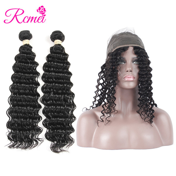 Rcmei Brazilian Deep Wave Hair 2 Bundles with 360 Lace Frontal Closure with Baby Hair Brazilian Deep Curl Good Quality Hair 8-28 Inch