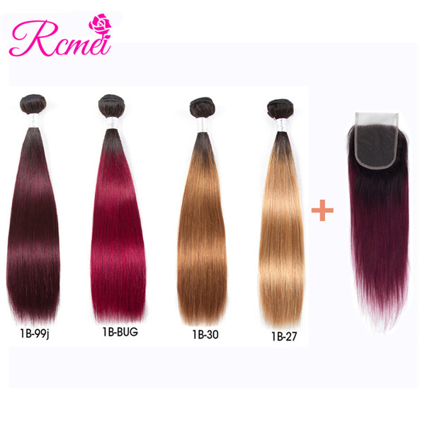 Rcmei Ombre Bundles With Closure 1B/27 1B/30 1B/99j 1B/burgundy Hair Peruvian Straight Human Hair Weave 4 Bundle With Closure