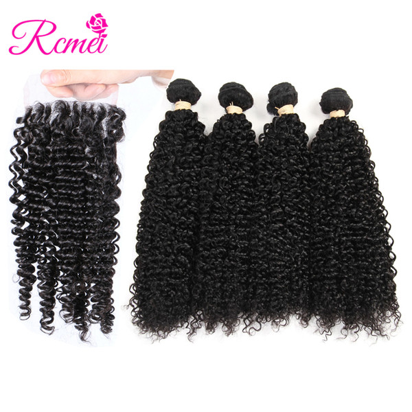 Rcmei Kinky Curly 4 Bundles With Closure Brazilian Hair Extensions Human Hair Bundles With 4*4 Lace Closure Free/Middle/Three Part