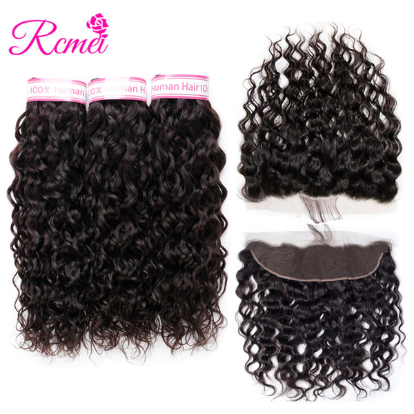 Rcmei 100% Human Hair Water Wave Bundles With Frontal Brazilian Hair Weave 3 Bundles Remy Hair Extensions 8-28 Inch Natural Color