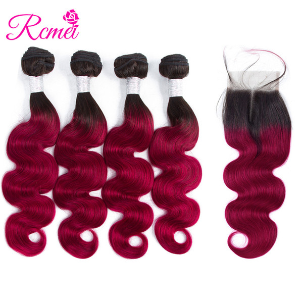 Rcmei Hot Selling Burgundy Colored Hair Brazilian Body Wave Bundles With Closure Ombre 1b/Burgundy 2 Tone Color 4 Bundle With Lace Closure