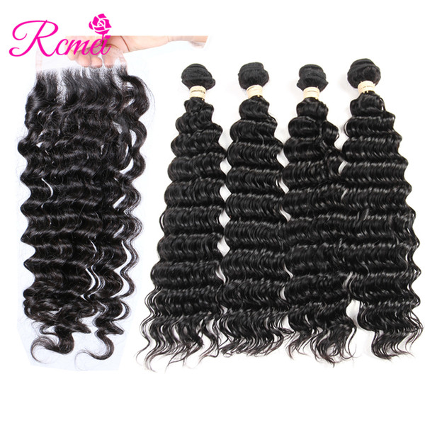 Rcmei Hot Selling 4 Bundles Brazilian Virgin Hair Deep Wave With 4*4 Closure 100% Human Hair Natural Color Brazilian Hair Weave Bundles