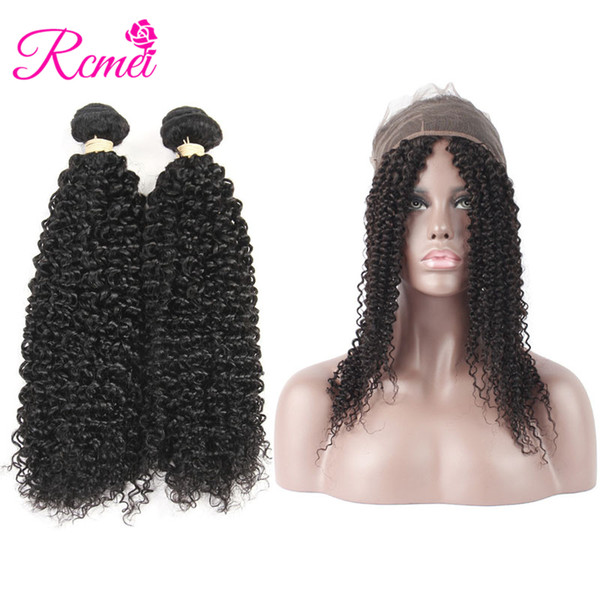 Rcmei Pre Plucked 360 Lace Frontal with Bundle Kinky Curly Brazilian Human Hair Weave 2 Bundles with 360 Frontal Closure 