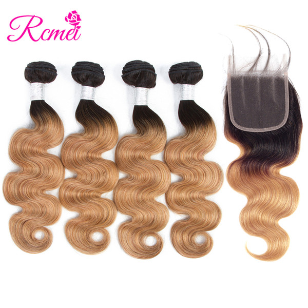 Pre-Colored Ombre T1B/27 Bundles With Closure Brazilian Body Wave 4 Bundle Deal Blonde Color Hair Weaving Non Remy Hair Rcmei