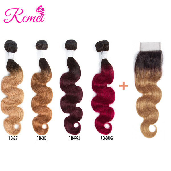 Rcmei Hair Pre-colored Peruvian Body Wave 4 Bundles With Closure Color #1B/27 30 99j burgundy Remy Human Hair Weave Bundles With Closure