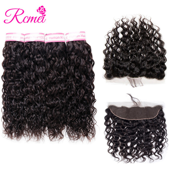 Rcmei Brazilian Water Wave Bundles With 13*4 Lace Frontal Remy Human Hair 4 Bundles With Closure 5PCS/Lot 