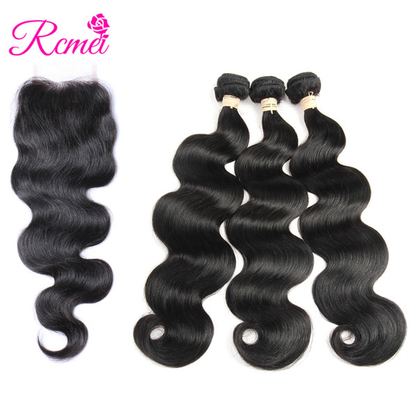 Rcmei Hair Human Hair Bundles With Closure Brazilian Hair Body Wave 3 Bundles With Lace Closure Free Middle Three Part