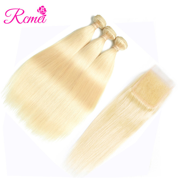 Rcmei Peruvian Hair Straight Hair 3 Bundles With Closure 613 Blonde Color Human Hair With 4x4 Closure 