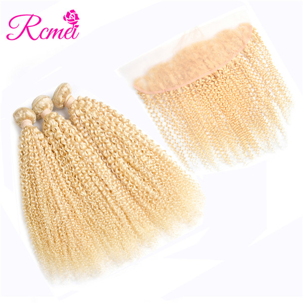 Rcmei 613 Blonde Malaysian Kinky Curly Human Hair Bundles With Lace Frontal 4 PCS/packge 10-30 Inch Full Of Length High Quanlity Hair