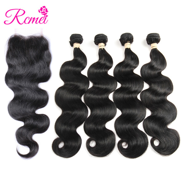 Rcmei Body Wave Human Hair Products With Closure 4Pcs Brazilian Virgin Hair Bundles With Free/Middle/Three Part Lace Closure 4*4