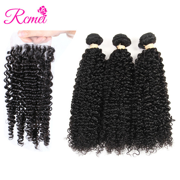 Rcmei Kinky Curly Bundles With Closure 4PCS/Lot Brazilian Hair Weave 3 Bundles Human Hair With Lace Closure Good Quality Hair Weave