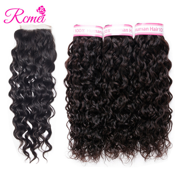 Rcmei Water Wave Bundles With Closure Brazilian Remy Hair Weave 3 Bundles With Free Part 4*4 Closure Natural Black Color 4 PCS/Lots