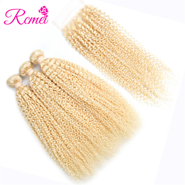 Rcmei Malaysian 613 Kinky Curly Human Hair 3 Bundles With 4*4 Lace Closure Blonde Hair Weaving 10-30 Inch 8A Grade Hair Extensions