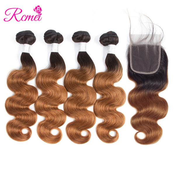 Rcmei Bundles With Closure Brazilian Body Wave Hair T1B/30 Color Human Hair Weave 4 Bundles With Free/Middle/Three Part Lace Closure