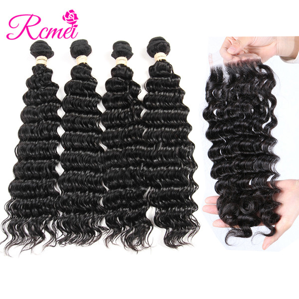 Rcmei Hair 4 Bundles With free part Lace Closure Human Brazilian Unprocessed Virgin Hair Deep Wave 4*4 Lace Closure With 4 Bundles Hair