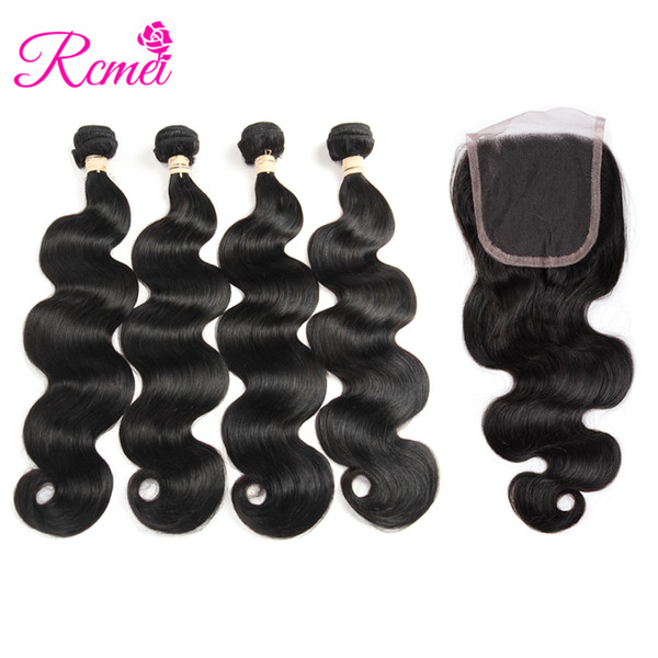 Rcmei Hair Brazilian Body Wave Human Hair Products With closure 4Pcs Brazilian Virgin Hair Bundles with Free Part Lace Closure 4*4