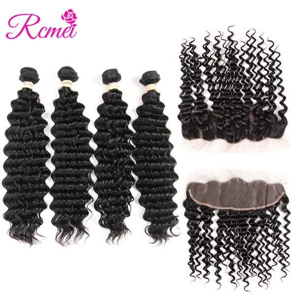 Rcmei Brazilian Deep Wave Bundles With Frontal Closure Ear to Ear Rcmei No-Remy Human Hair Extensions Lace Frontal With 4 Bundles Wave