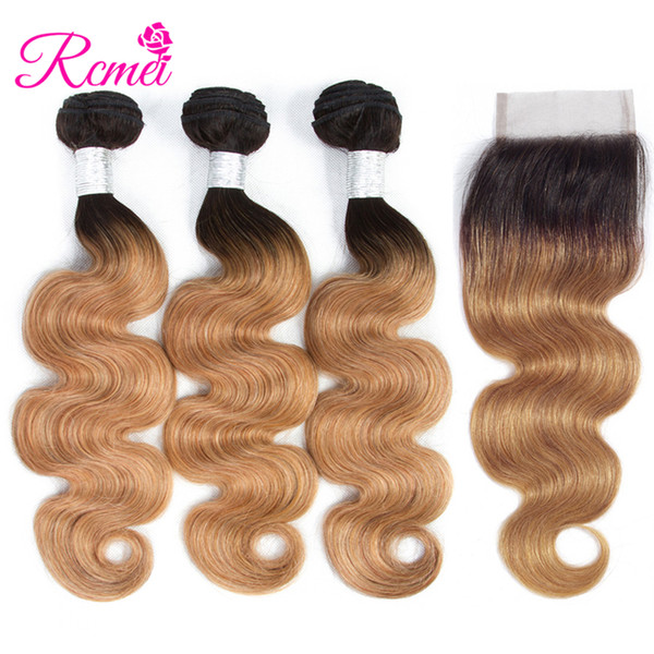 Rcmei Natural Ombre Bundles with Closure 1B/27# Brazilian Body Wave Blonde Human Hair Remy 3 Bundles with Free Part 4X4 Lace Closure