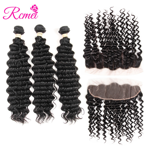 Rcmei Brazilian Virgin Human Hair Bundles With Frontal Closure Deep Wave Human Hair 3 Bundles With 13*4 Free Part Baby Hair Front