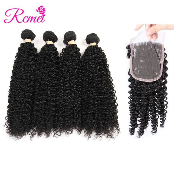 Rcmei Hair Brazilian Kinky Curly 4 Bundles with Lace Closure Free Part Human Hair Extensions Dyeable Human Hair Weave