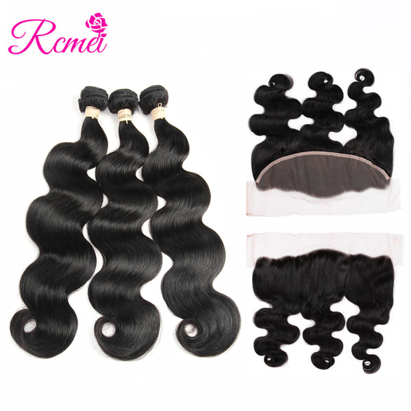 Rcmei Brazilian Body Wave Human Hair Bundles With Lace Frontal Closure 100% Human Hair 3 Bundles With 13*4 Lace Frontal