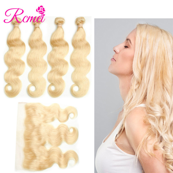 Rcmei Peruvian Body Wave Human Hair #613 Blonde Color Bundles Extention 4 Bundles With 13*4 Lace Frontal Remy Hair 10-30inch can be mixed